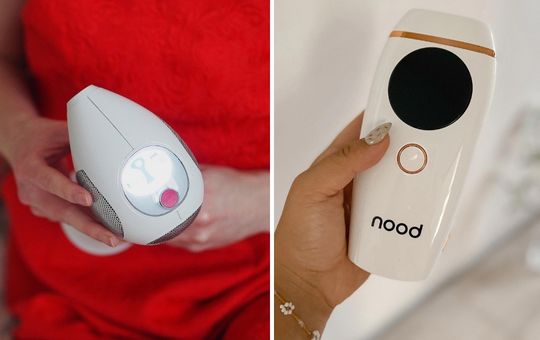 Right image, woman holding nood flasher 2.0; left image woman holding tria hair removal device