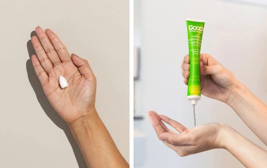 Right image, good clean love  gel being discharged into a persons hand, left image, revaree vaginal moisturizer being held in a persons hand