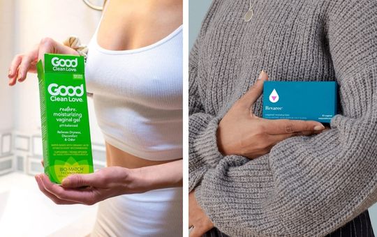right image a women holding a package of revaree vaginal moisturizer; left image a woman holding a package of good clean love vaginal gel
