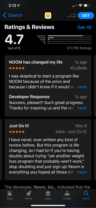 noom app showing 5-star user reviews