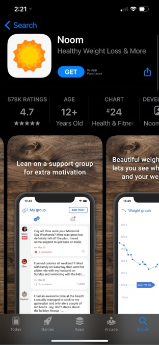 noom app showing support groups